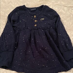 Calvin Klein Girls Midnight Blue Textured Top with Gold Buttons